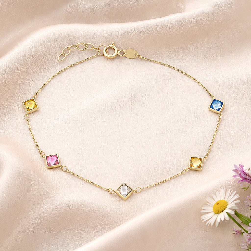 9ct Yellow Gold Multi Colour Cushion Cut Cubic Zirconia Station Bracelet
