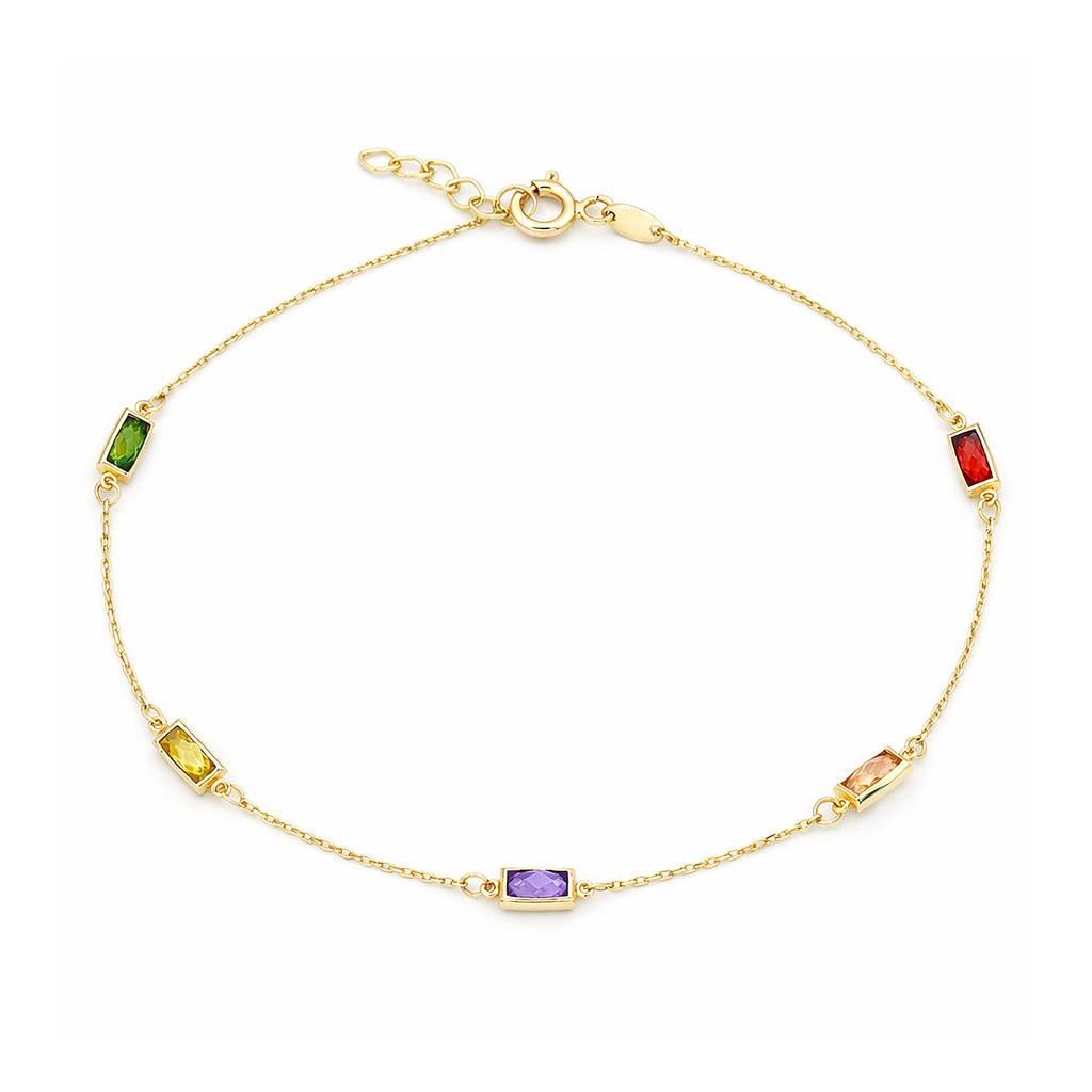 9ct Yellow Gold Multi Colour Emerald Cut Cubic Zirconia Station Bracelet