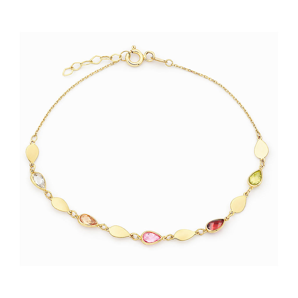 9ct Yellow Gold Multi Colour Pear Cut Cubic Zirconia Station Bracelet