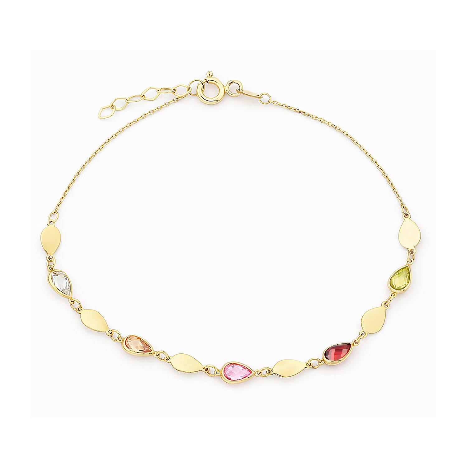 9ct Yellow Gold Multi Colour Pear Cut Cubic Zirconia Station Bracelet