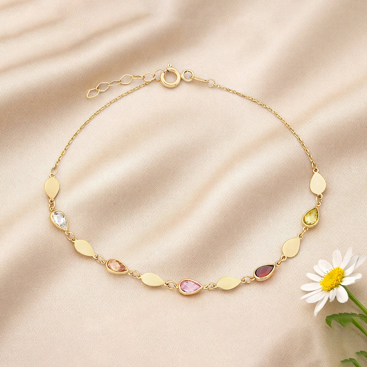 9ct Yellow Gold Multi Colour Pear Cut Cubic Zirconia Station Bracelet