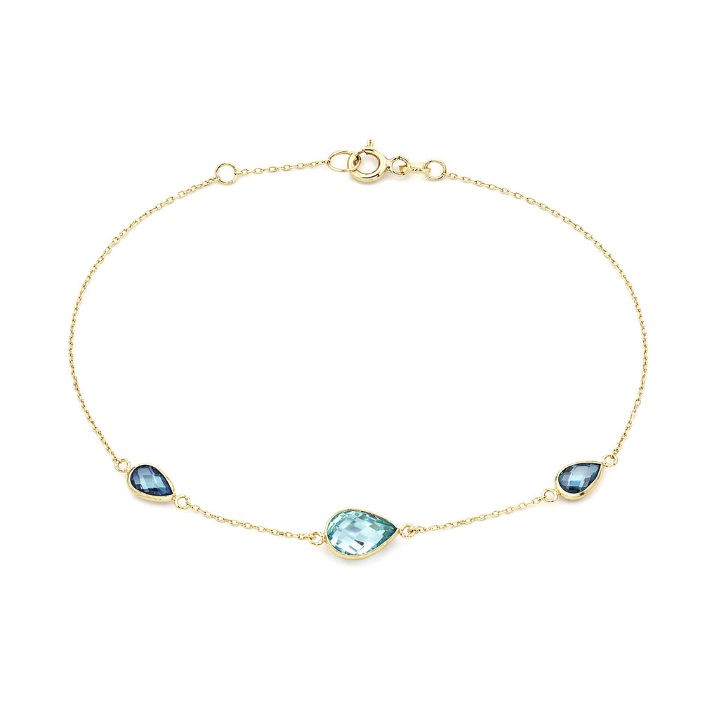 9ct Yellow Gold Blue Pear Cut Cubic Zirconia Trilogy Station Bracelet