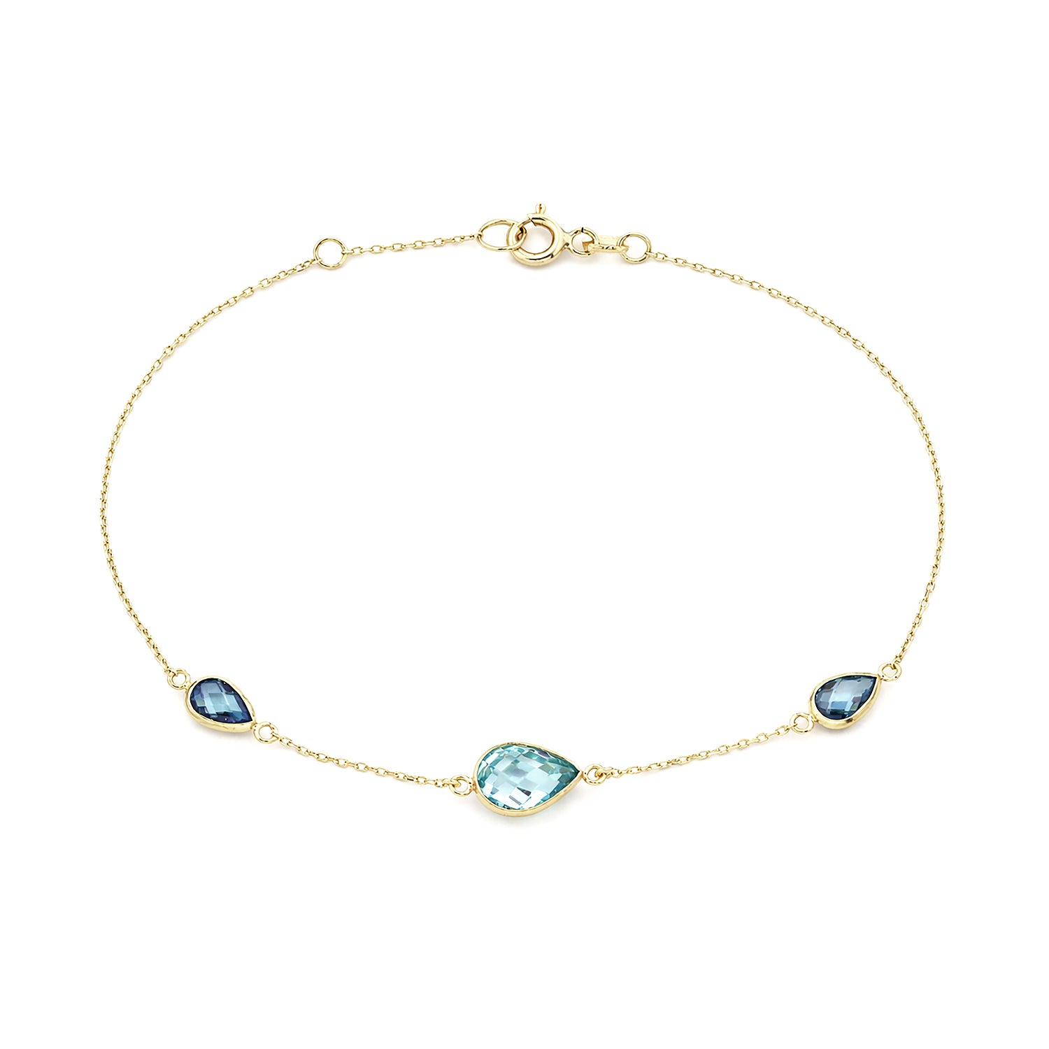 9ct Yellow Gold Blue Pear Cut Cubic Zirconia Trilogy Station Bracelet