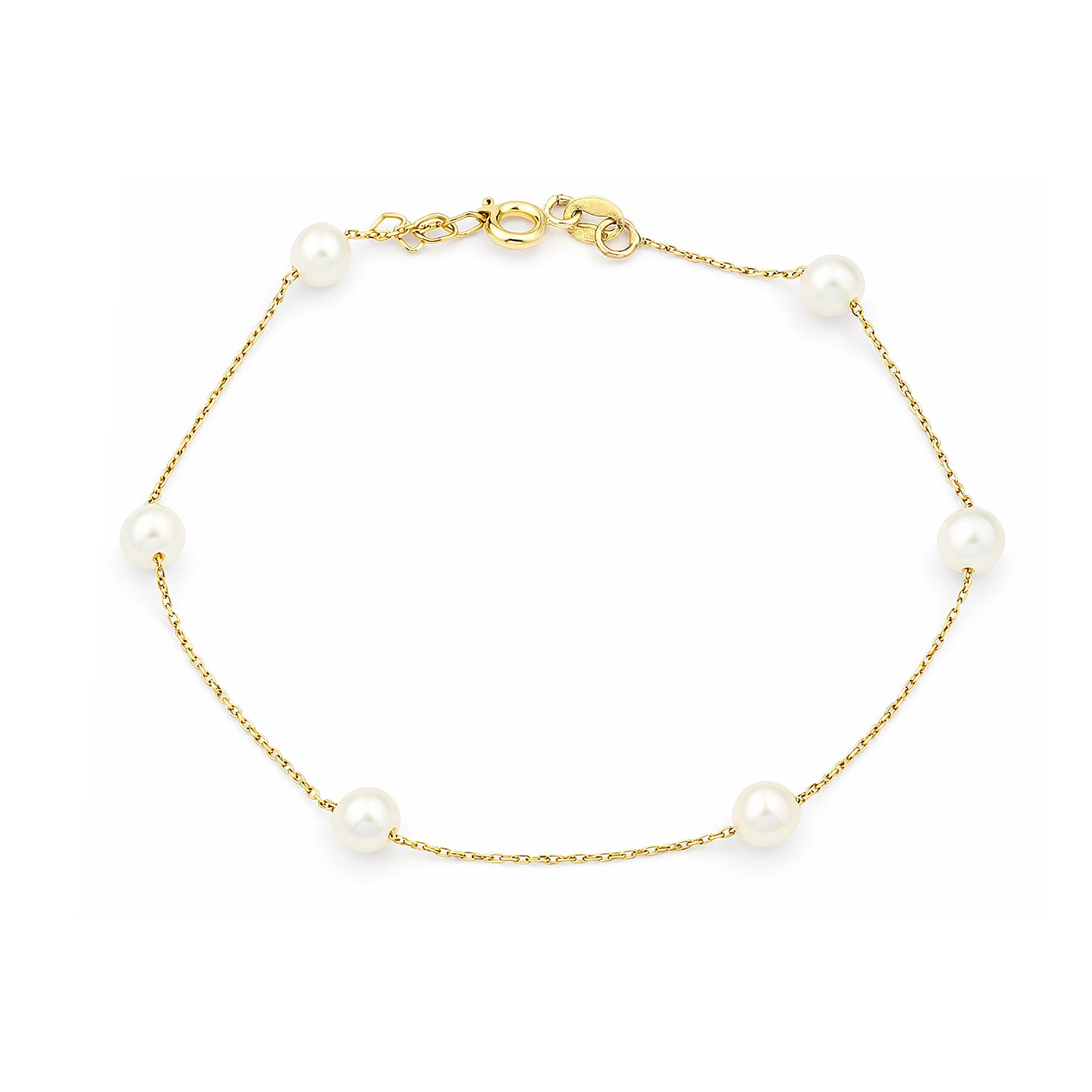 9ct Yellow Gold Pearl Station Bracelet – White Round Pearl Bezel Set