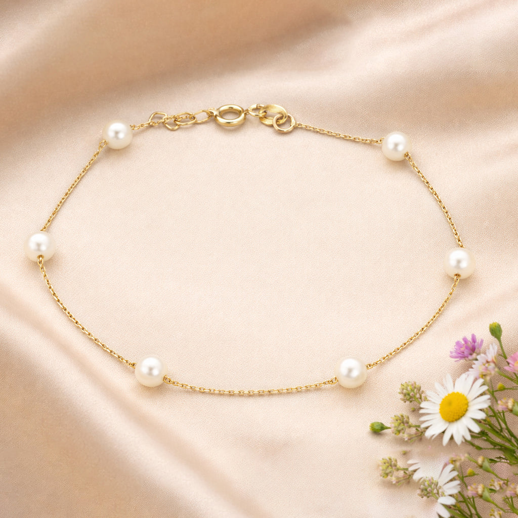 9ct Yellow Gold Pearl Station Bracelet – White Round Pearl Bezel Set
