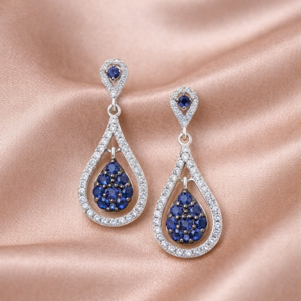 Round Natural Blue Sapphire and Diamond Drop Earrings in 18ct White Gold