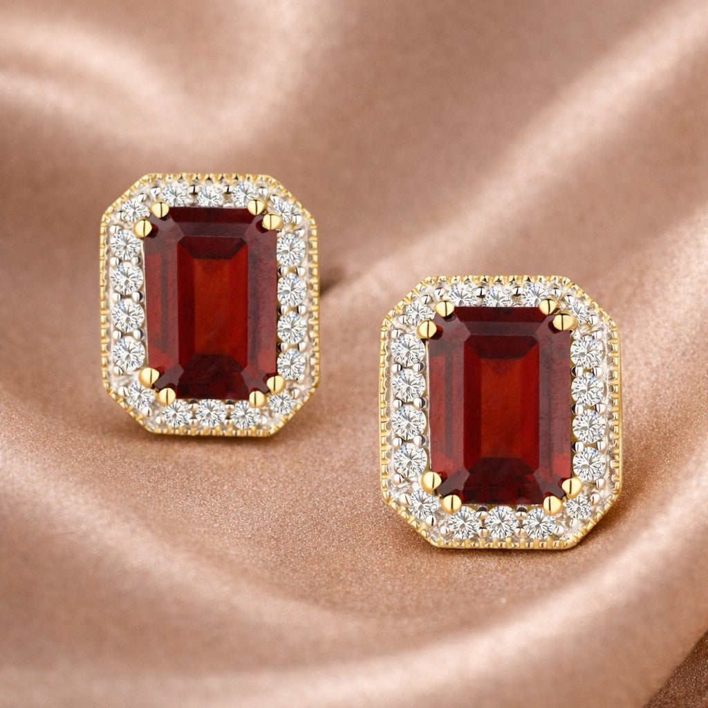 9ct Yellow Gold Octagon Garnet and Diamond Earrings