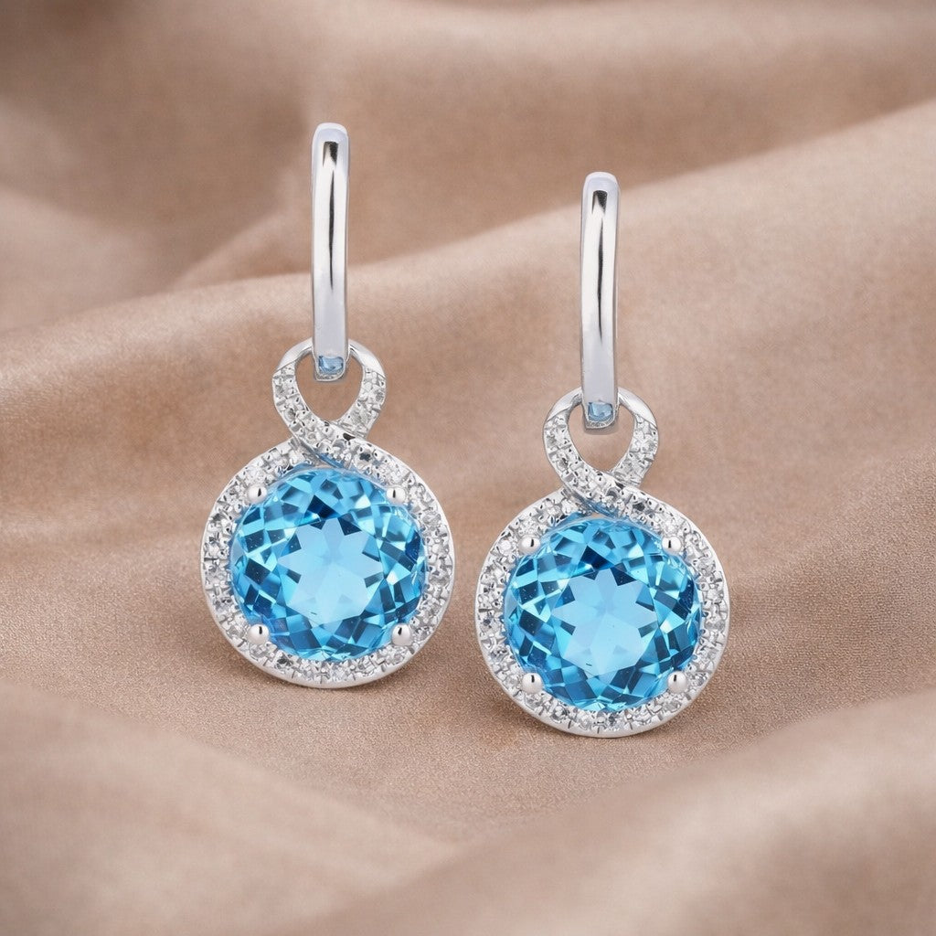 Swiss Blue Topaz and Diamond Halo Drop Earrings in 9ct White Gold