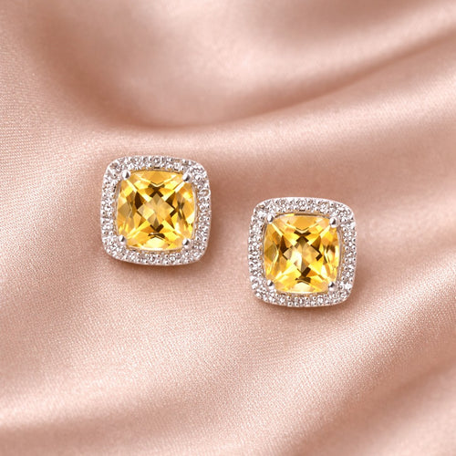 2.8 Carats Cushion Citrine and Diamonds Halo Studs in 9ct White Gold