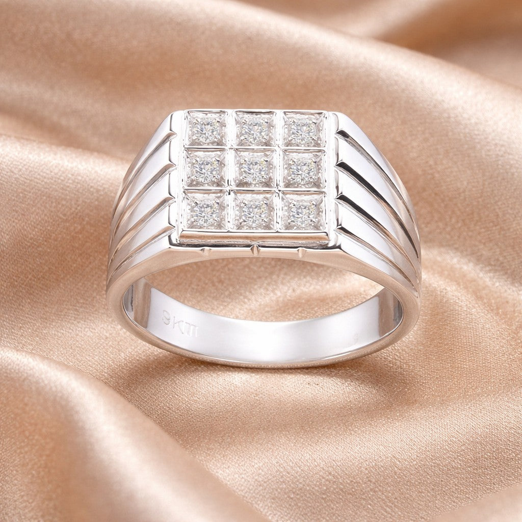 9ct White Gold Stone Set Mens Square Signet Ring By Citerna
