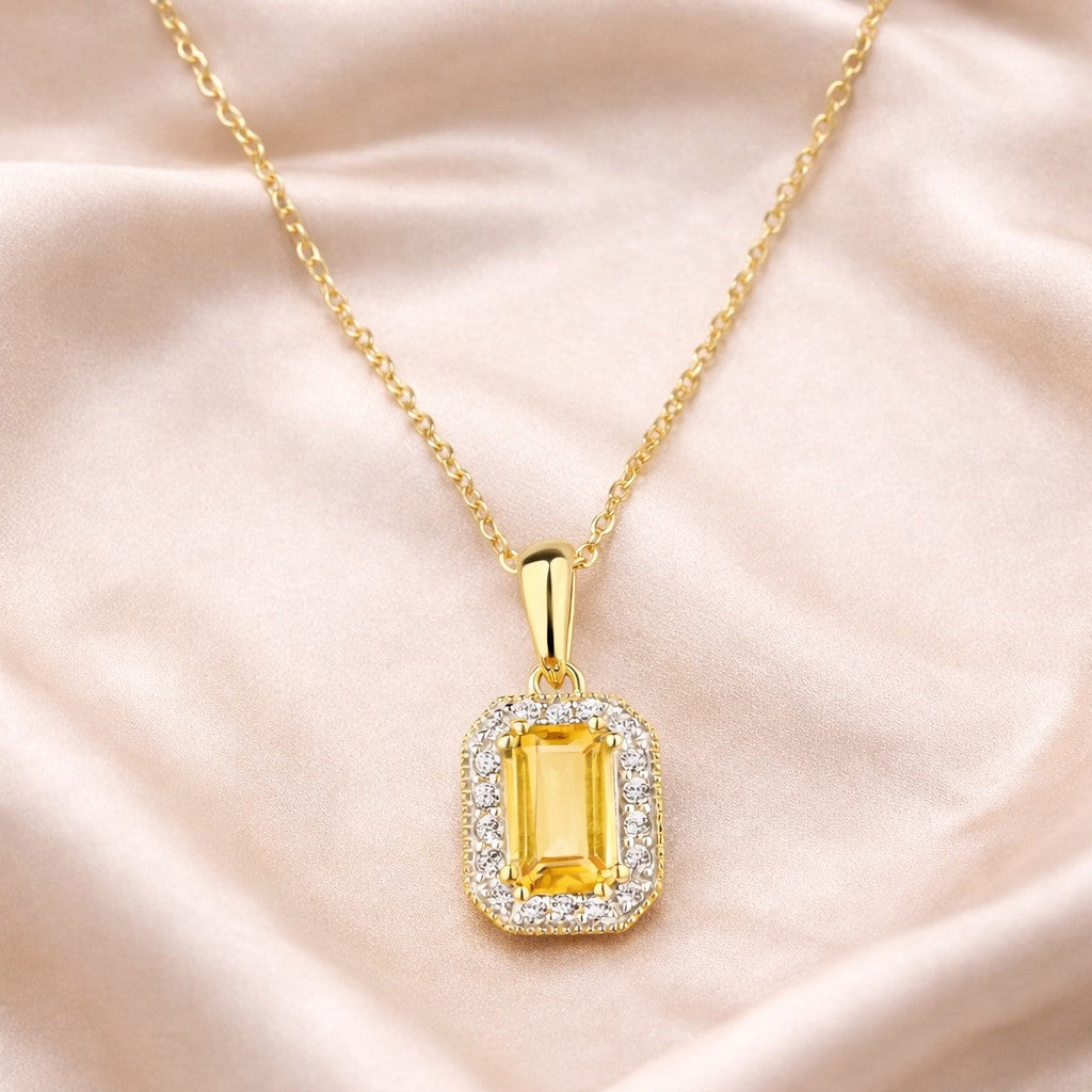 9ct Yellow Gold Octagon Citrine & Diamond Halo Pendant