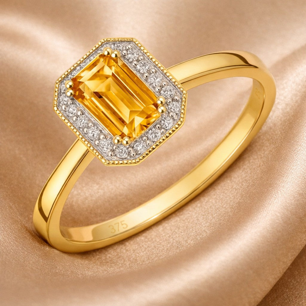 Classic Octagon Citrine and Diamond Halo Ring in 9K Yellow Gold
