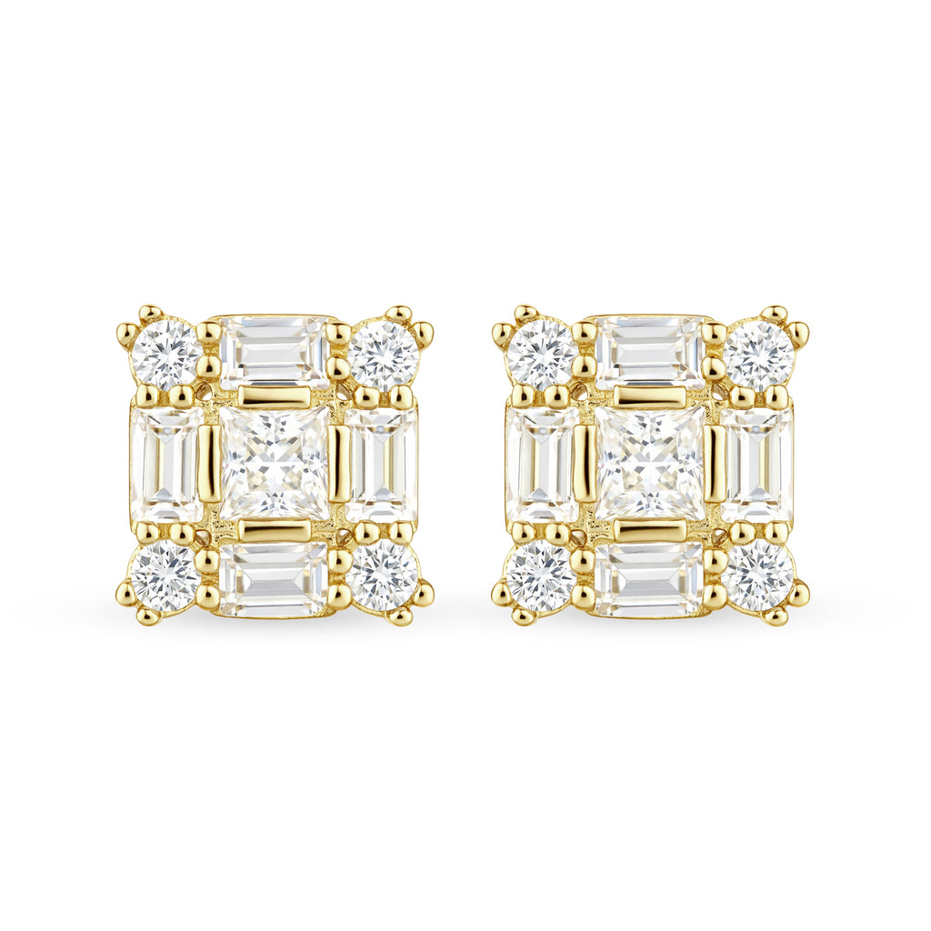 9ct Yellow Gold Baguette Cut Cubic Zirconia Square Cluster Stud Earrings for Women