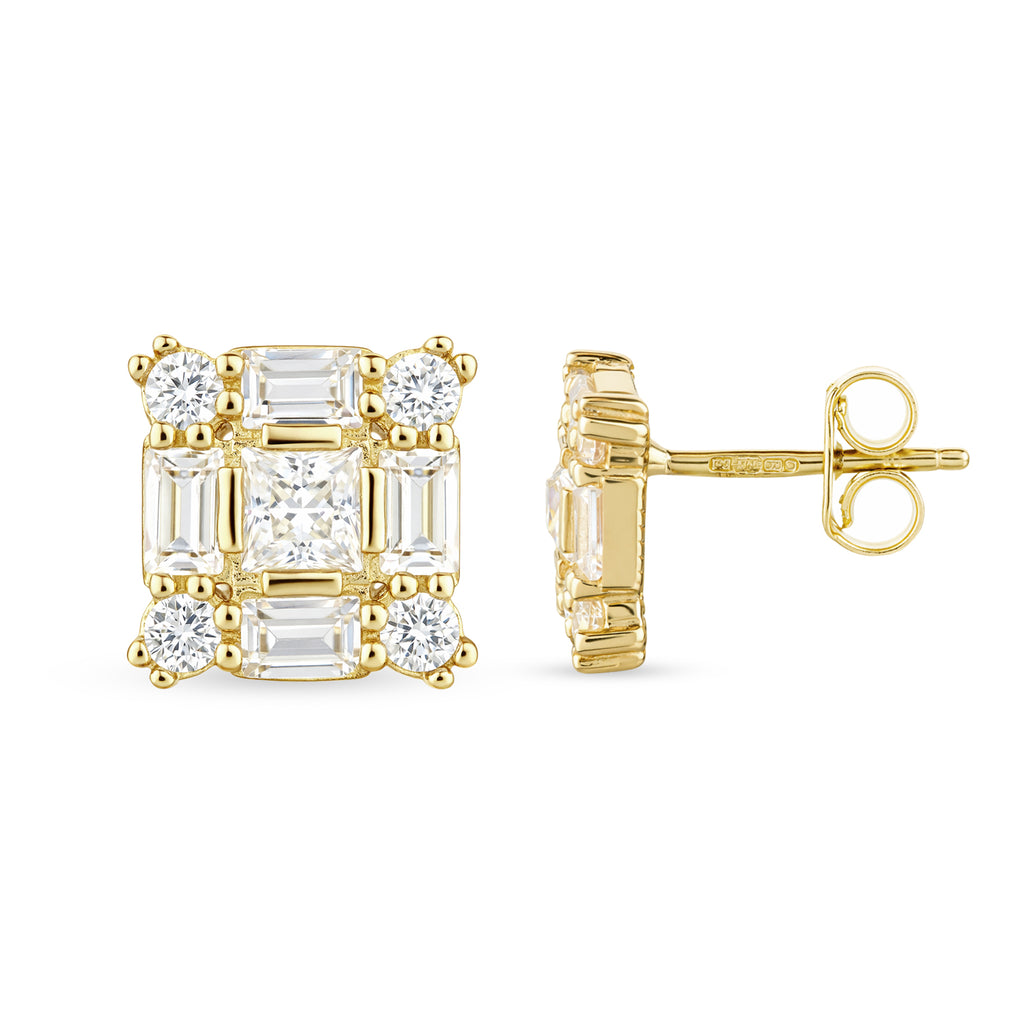 9ct Yellow Gold Baguette Cut Cubic Zirconia Square Cluster Stud Earrings for Women