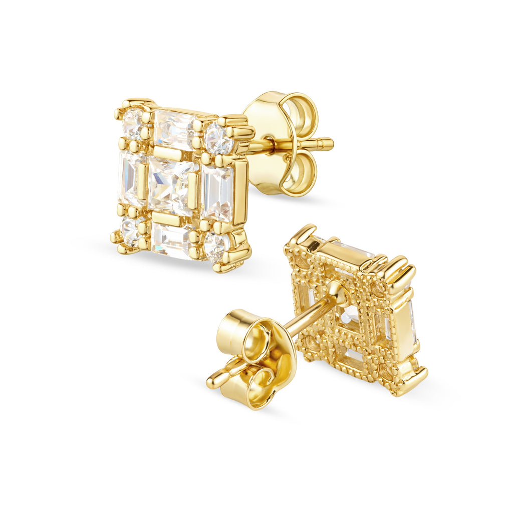 9ct Yellow Gold Baguette Cut Cubic Zirconia Square Cluster Stud Earrings for Women