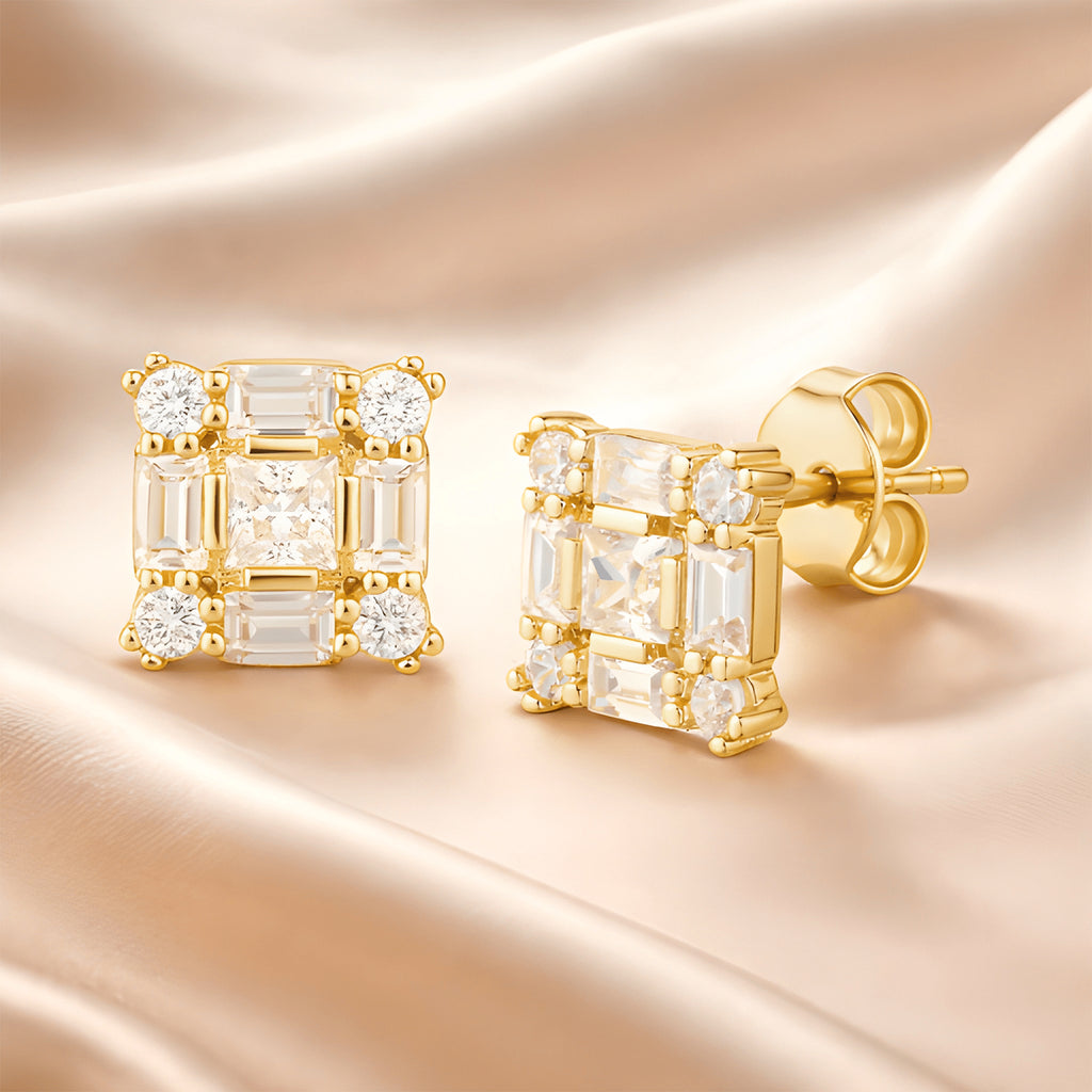 9ct Yellow Gold Baguette Cut Cubic Zirconia Square Cluster Stud Earrings for Women