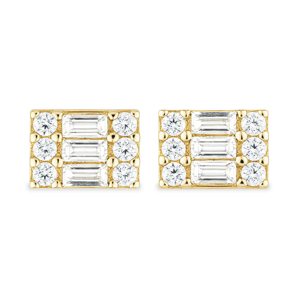 9ct Yellow Gold Baguette Cut CZ Rectangle Cluster Stud Earrings