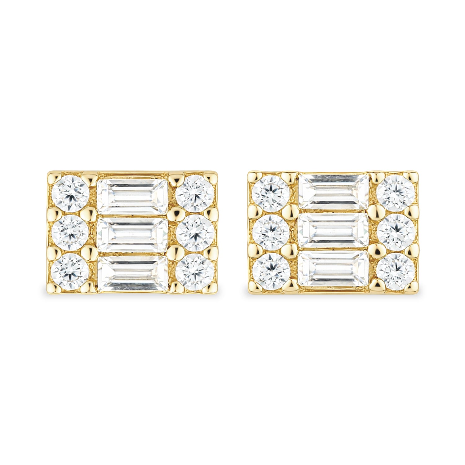 9ct Yellow Gold Baguette Cut CZ Rectangle Cluster Stud Earrings