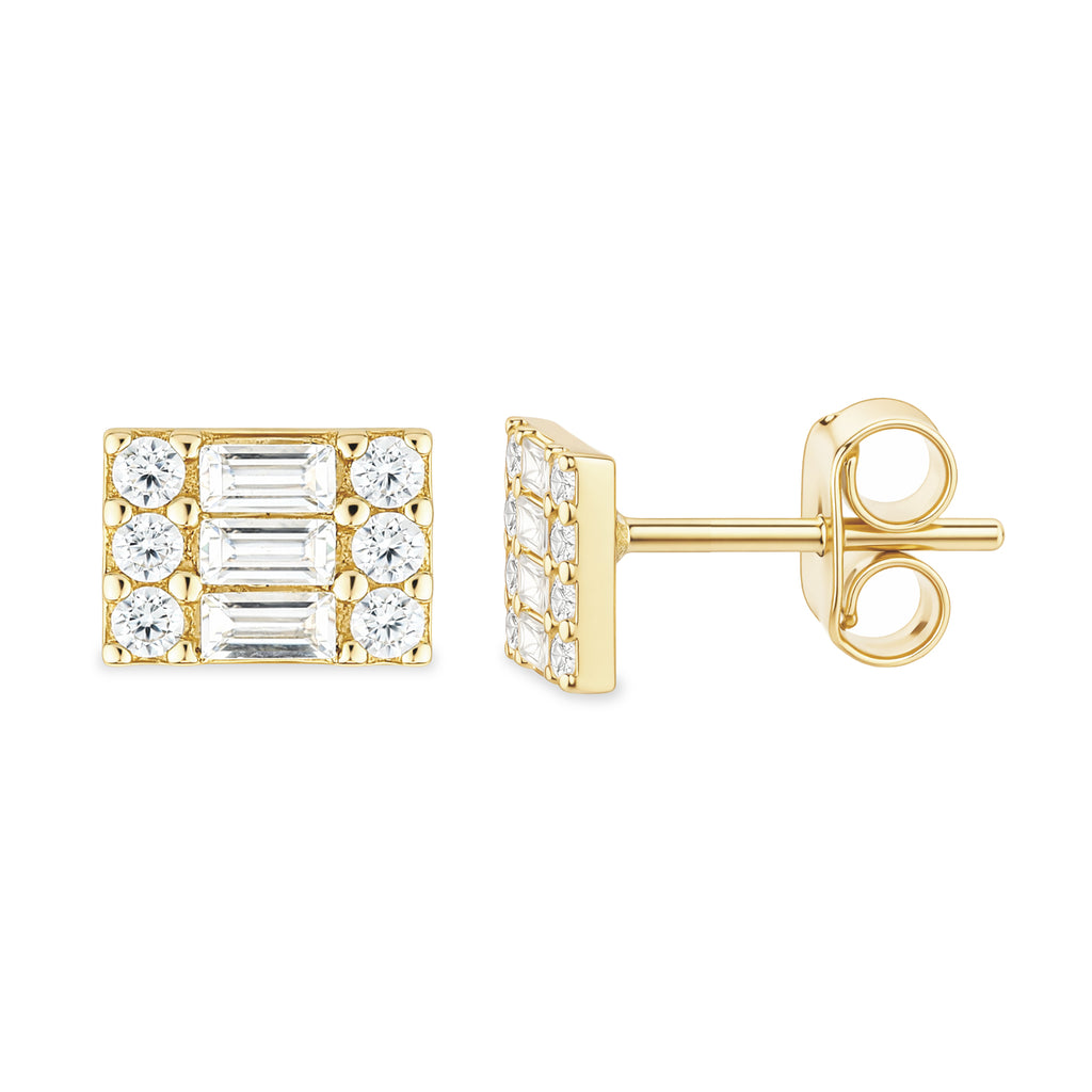 9ct Yellow Gold Baguette Cut CZ Rectangle Cluster Stud Earrings
