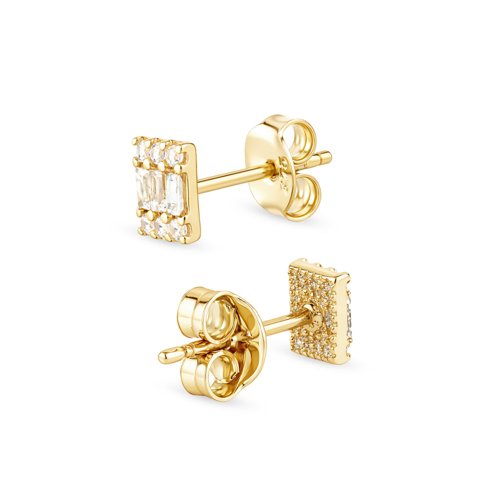 9ct Yellow Gold Baguette Cut CZ Rectangle Cluster Stud Earrings