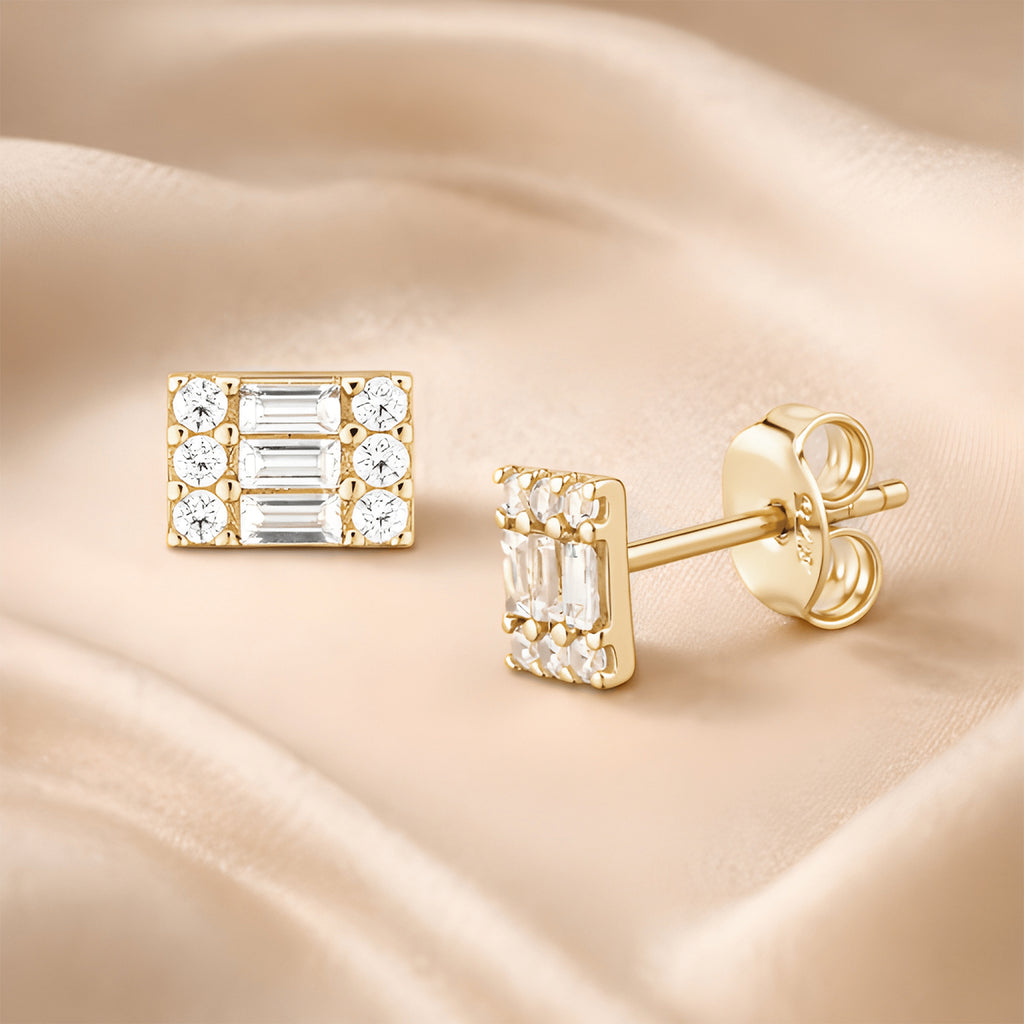 9ct Yellow Gold Baguette Cut CZ Rectangle Cluster Stud Earrings
