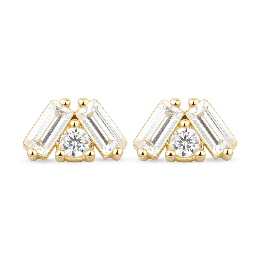 9ct Yellow Gold Cubic Zirconia Baguette Crown Stud Earrings Gift for Her