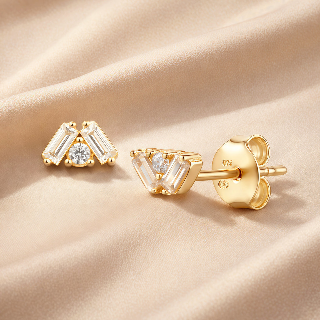 9ct Yellow Gold Cubic Zirconia Baguette Crown Stud Earrings Gift for Her