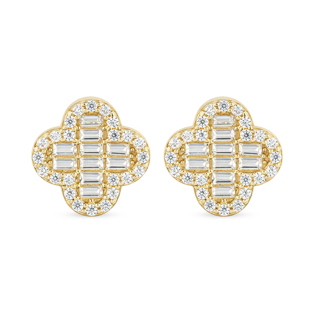 9ct Gold Elegant Cubic Zirconia Baguette Quatrefoil Halo Stud Earrings
