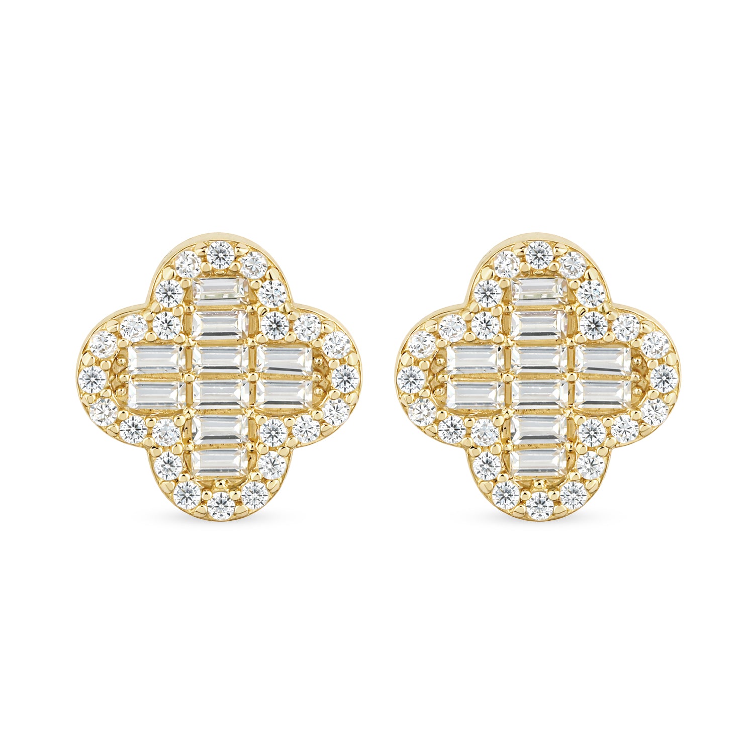 9ct Gold Elegant Cubic Zirconia Baguette Quatrefoil Halo Stud Earrings