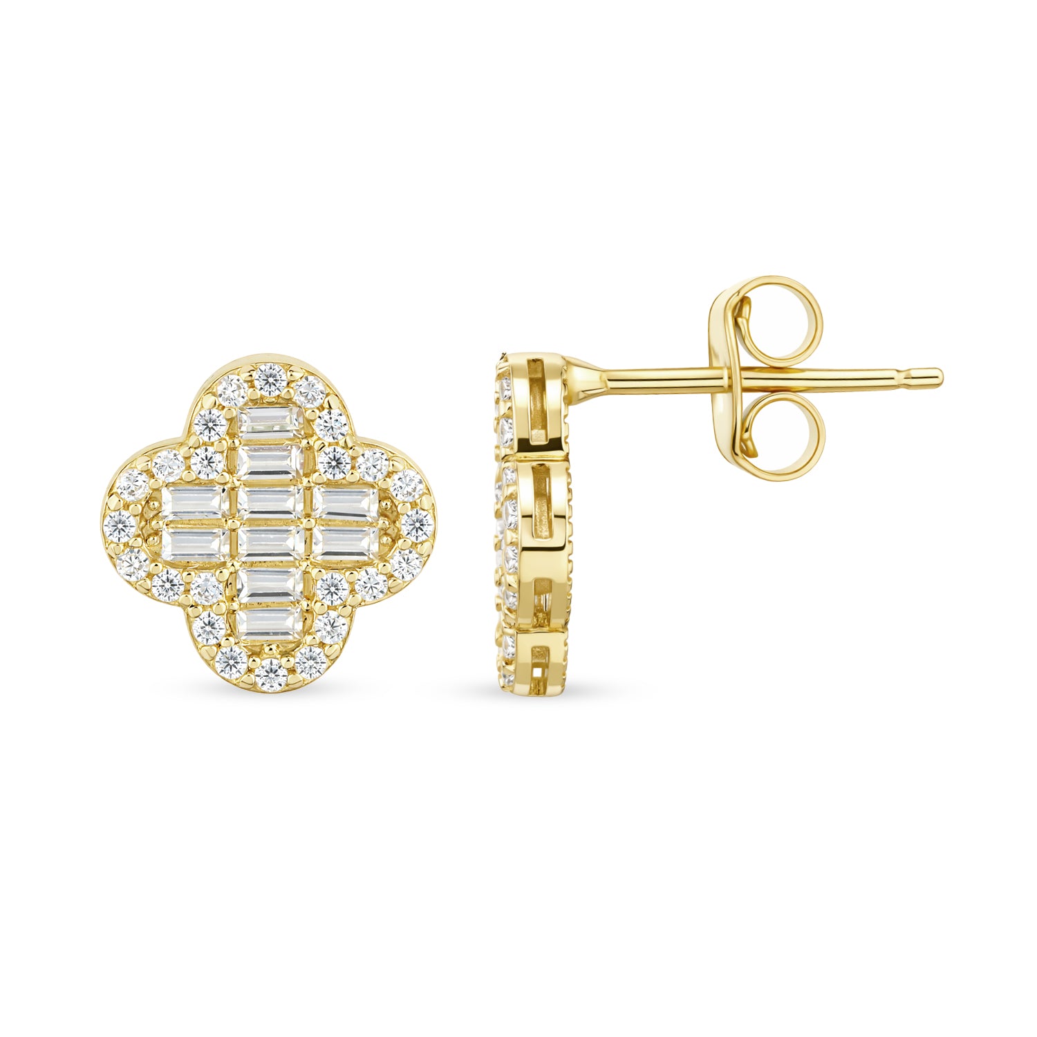 9ct Gold Elegant Cubic Zirconia Baguette Quatrefoil Halo Stud Earrings