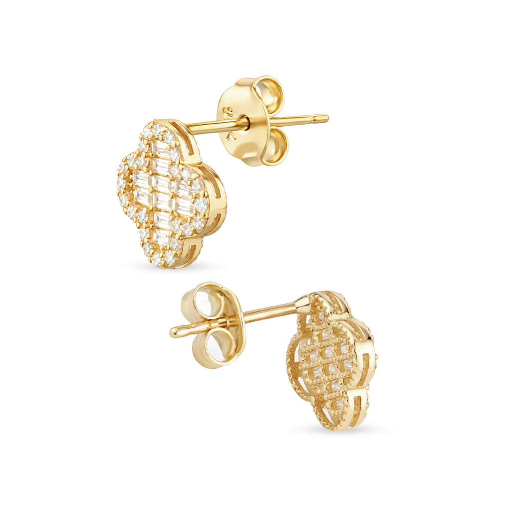 9ct Gold Elegant Cubic Zirconia Baguette Quatrefoil Halo Stud Earrings