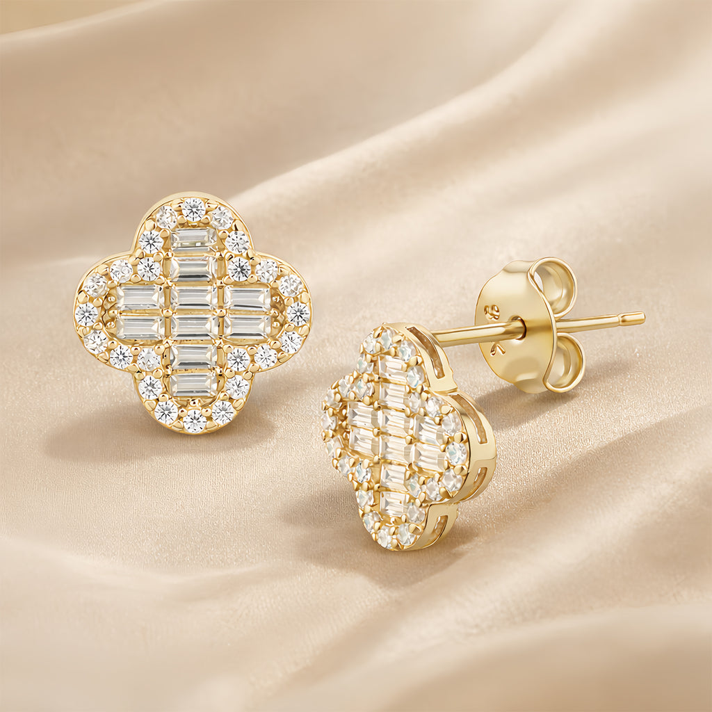 9ct Gold Elegant Cubic Zirconia Baguette Quatrefoil Halo Stud Earrings