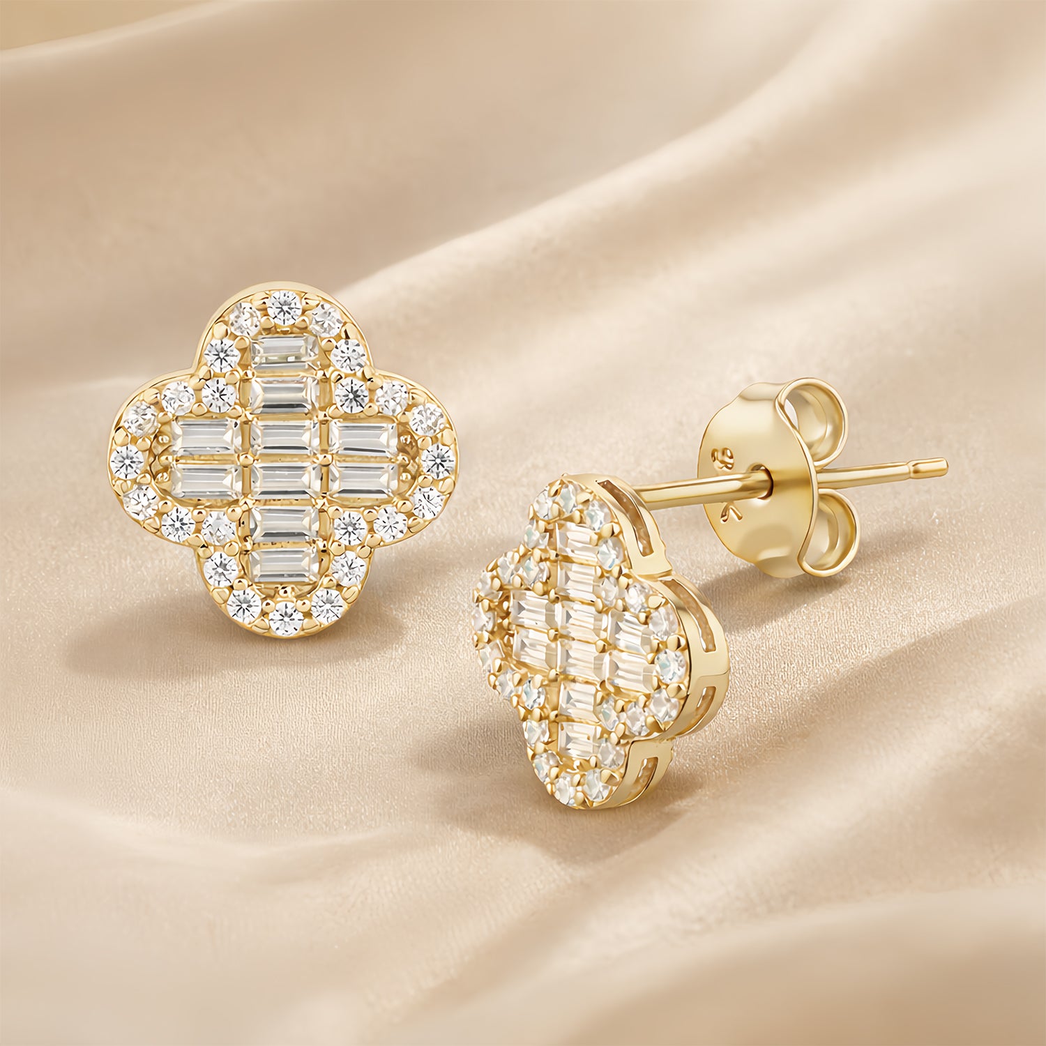 9ct Gold Elegant Cubic Zirconia Baguette Quatrefoil Halo Stud Earrings