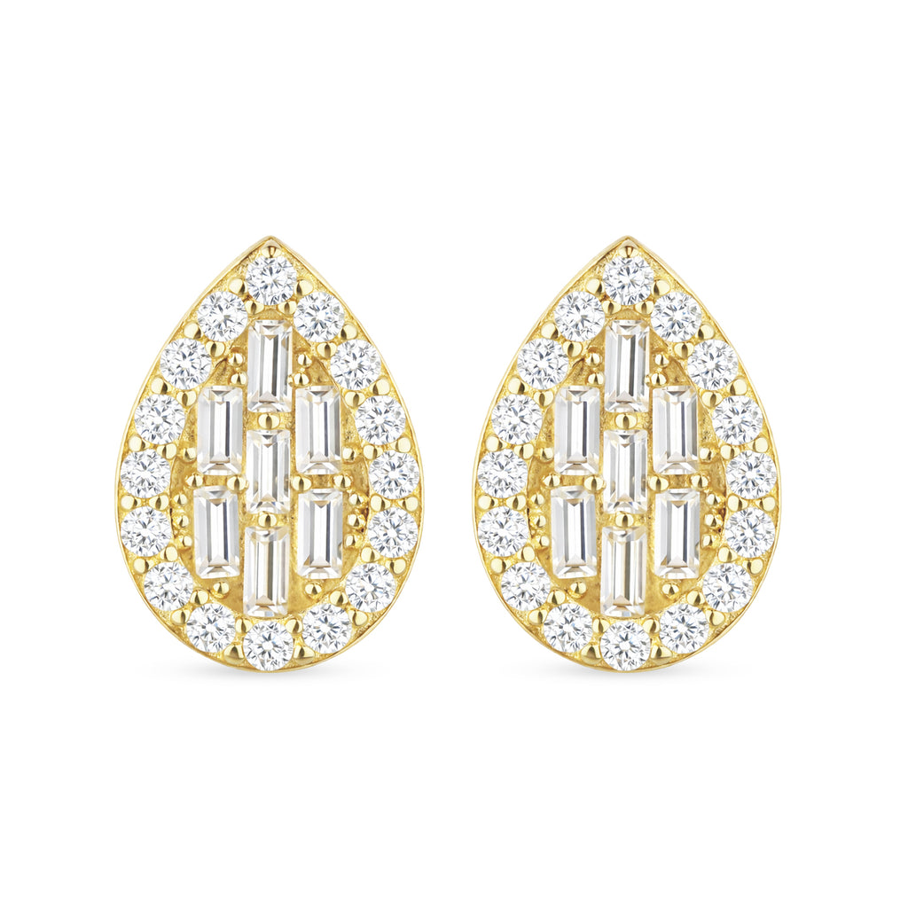 9ct Gold Cubic Zirconia Baguette & Pear Halo Stud Earrings