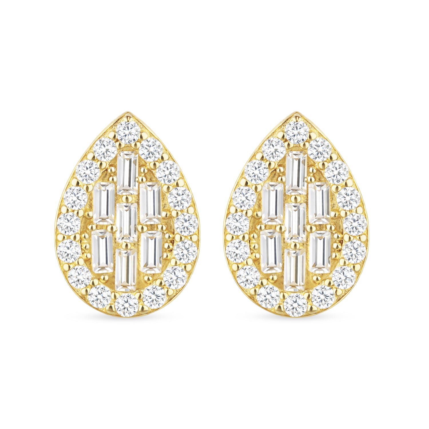 9ct Gold Cubic Zirconia Baguette & Pear Halo Stud Earrings