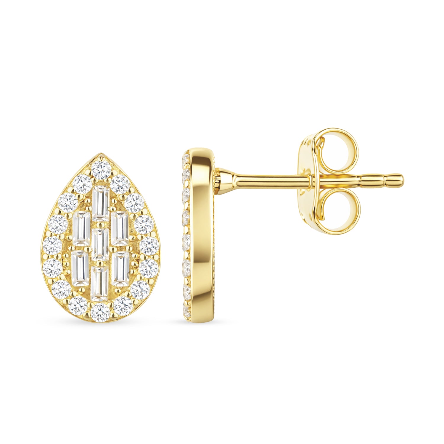 9ct Gold Cubic Zirconia Baguette & Pear Halo Stud Earrings