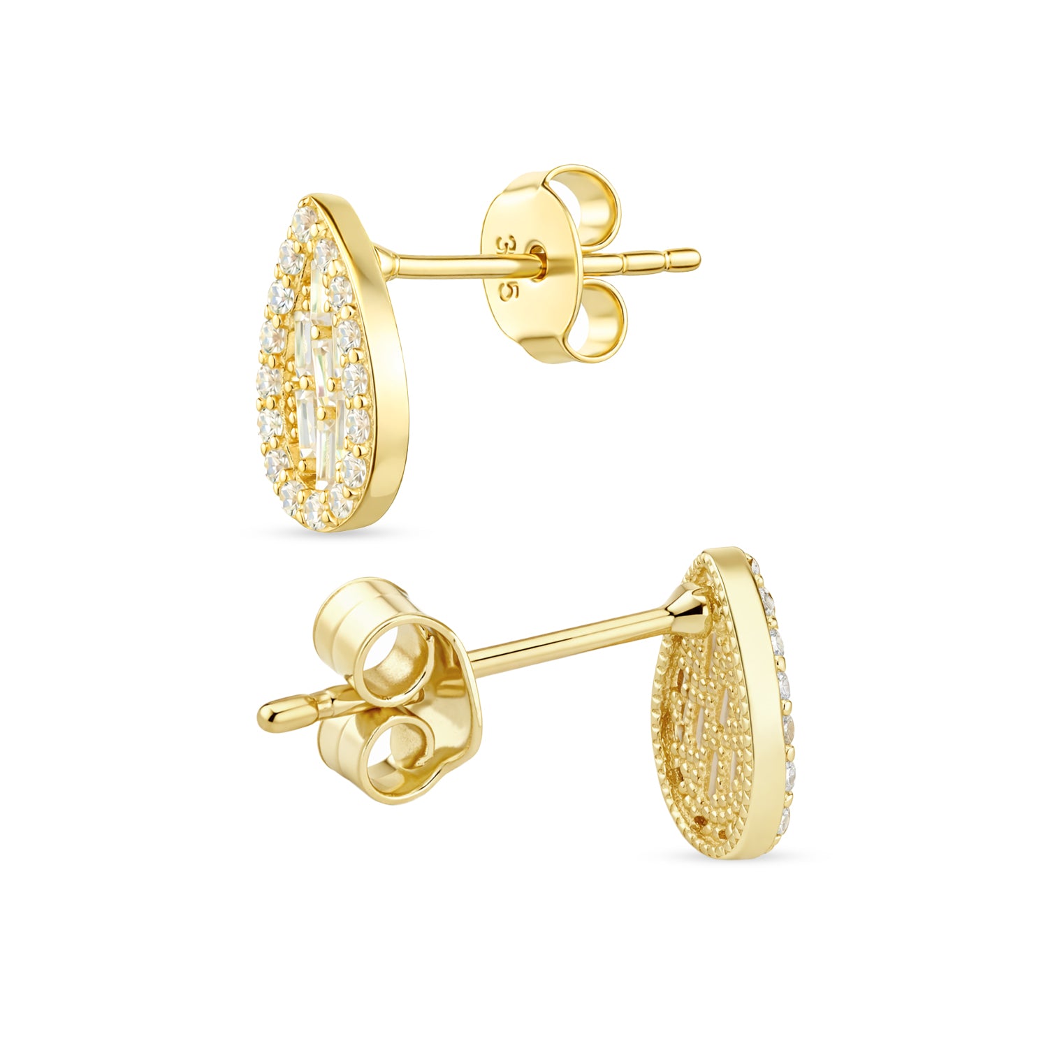 9ct Gold Cubic Zirconia Baguette & Pear Halo Stud Earrings