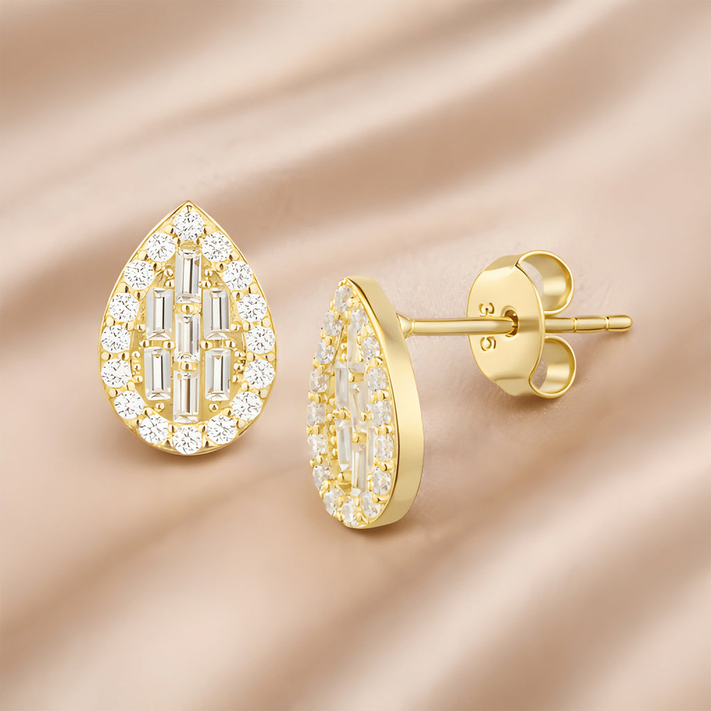 9ct Gold Cubic Zirconia Baguette & Pear Halo Stud Earrings