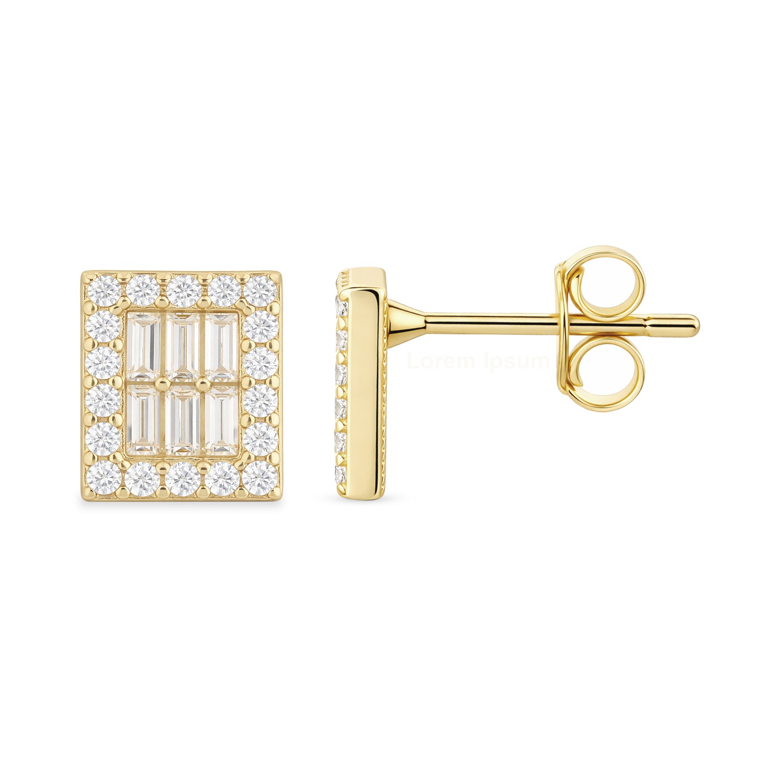 9ct Gold Baguette Cut Cubic Zirconia Square Halo Stud Earrings for Women