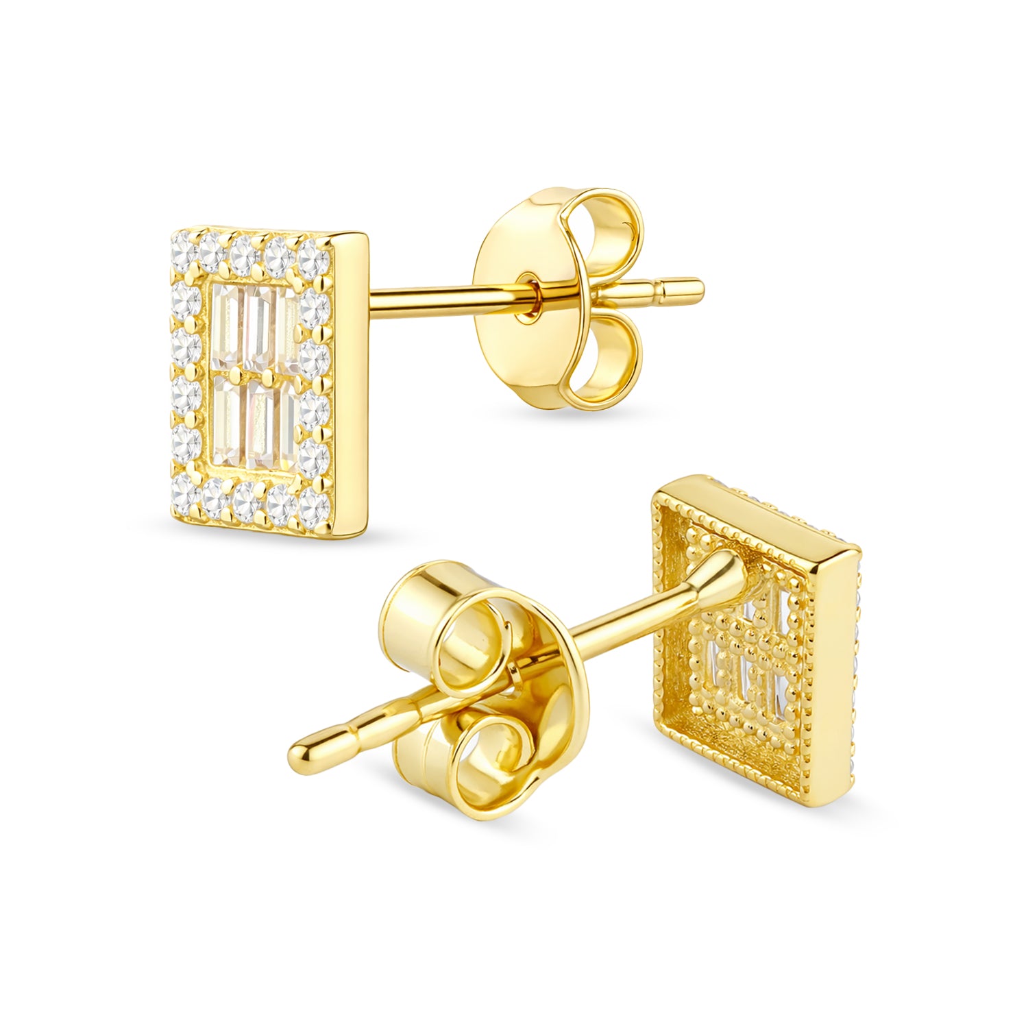 9ct Gold Baguette Cut Cubic Zirconia Square Halo Stud Earrings for Women