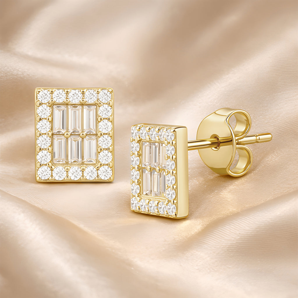 9ct Gold Baguette Cut Cubic Zirconia Square Halo Stud Earrings for Women
