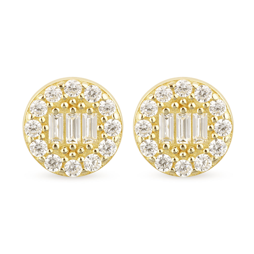 9ct Yellow Gold CZ Baguette Round Halo Stud Earrings