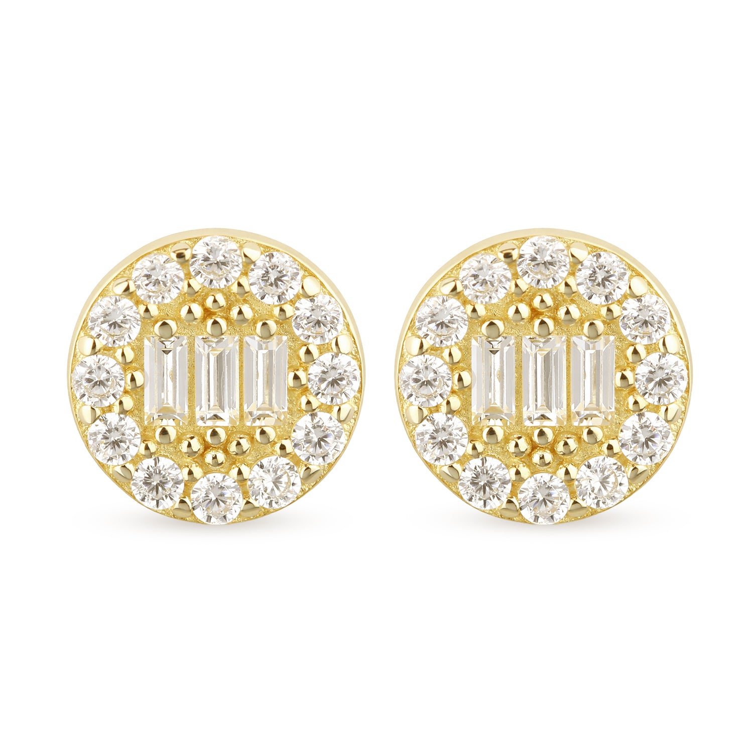 9ct Yellow Gold CZ Baguette Round Halo Stud Earrings