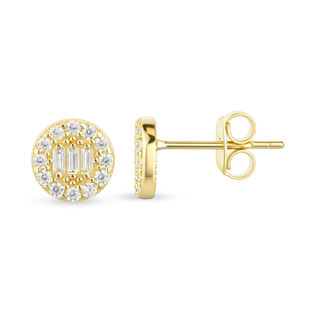 9ct Yellow Gold CZ Baguette Round Halo Stud Earrings