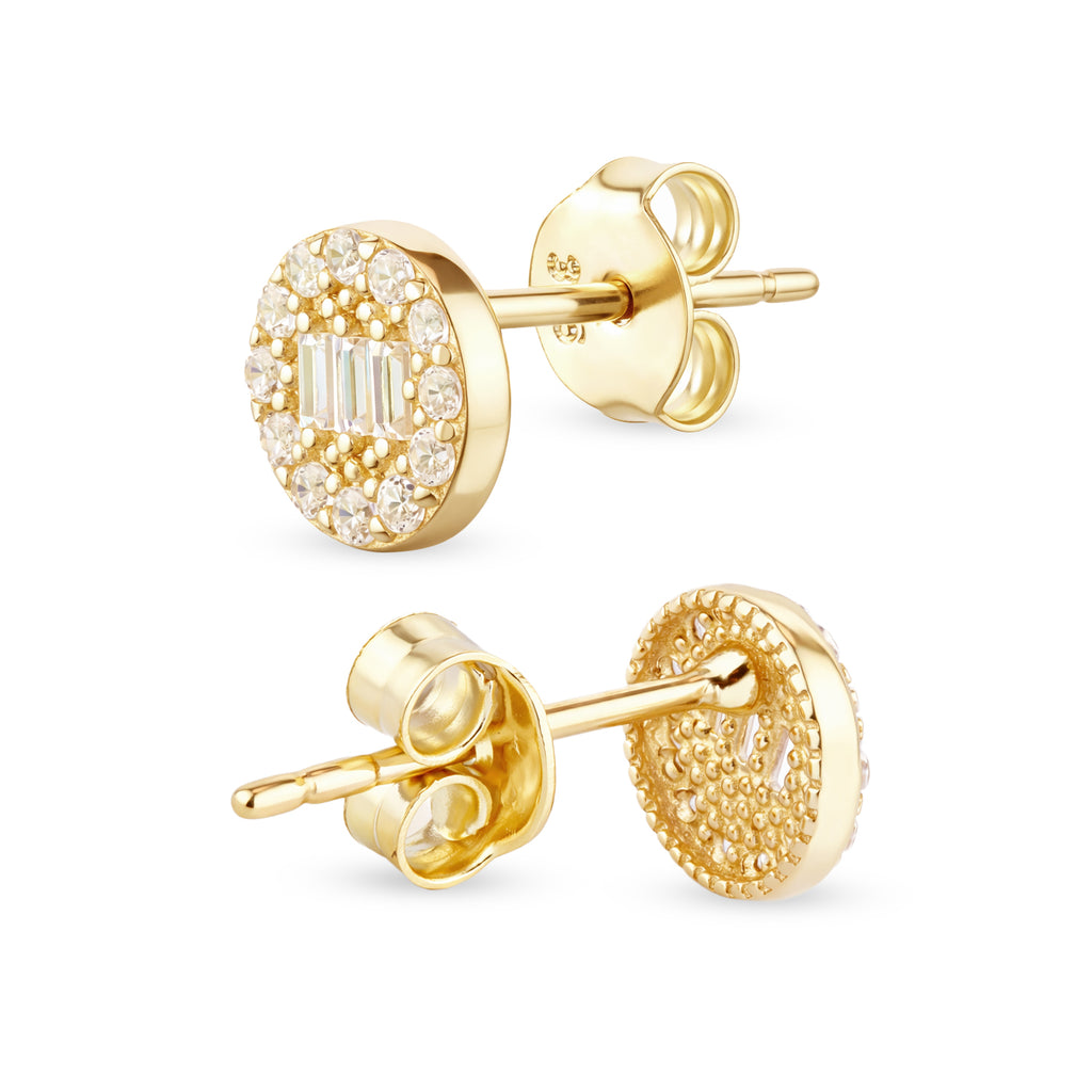9ct Yellow Gold CZ Baguette Round Halo Stud Earrings