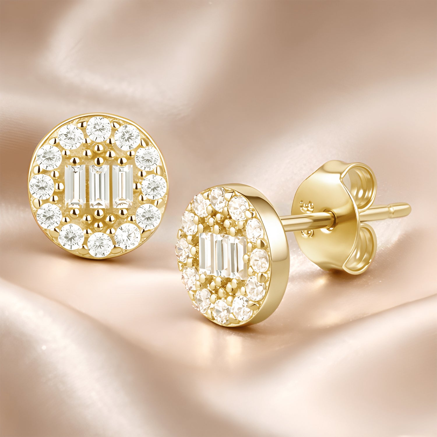 9ct Yellow Gold CZ Baguette Round Halo Stud Earrings