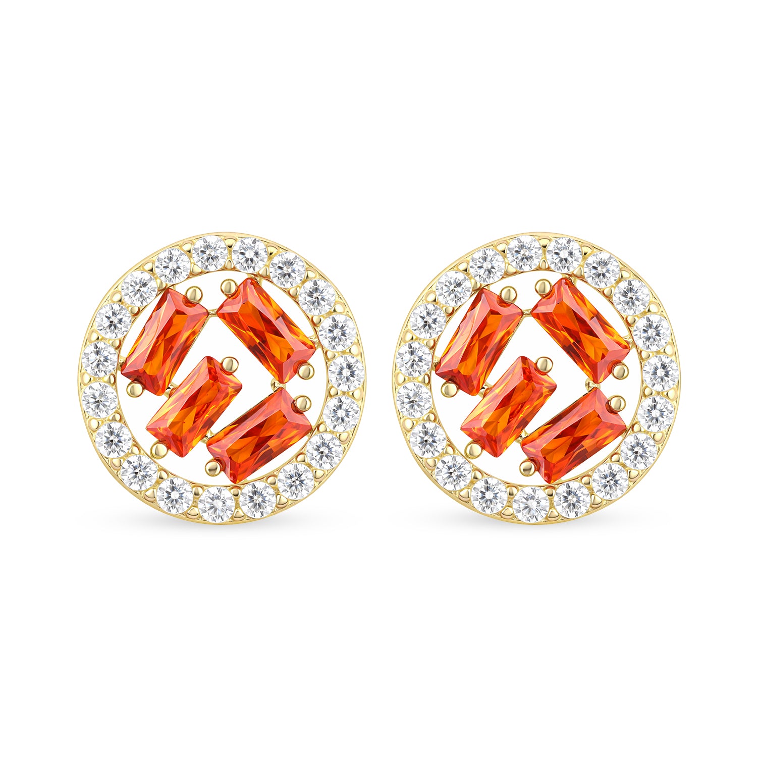 9ct Yellow Gold Orange CZ Circle Earrings Baguette Style for Women