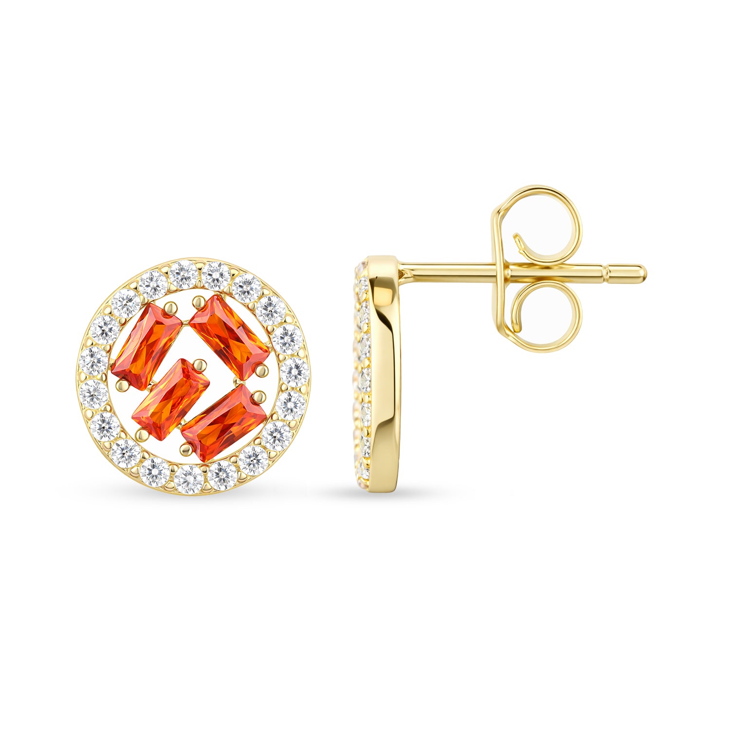 9ct Yellow Gold Orange CZ Circle Earrings Baguette Style for Women