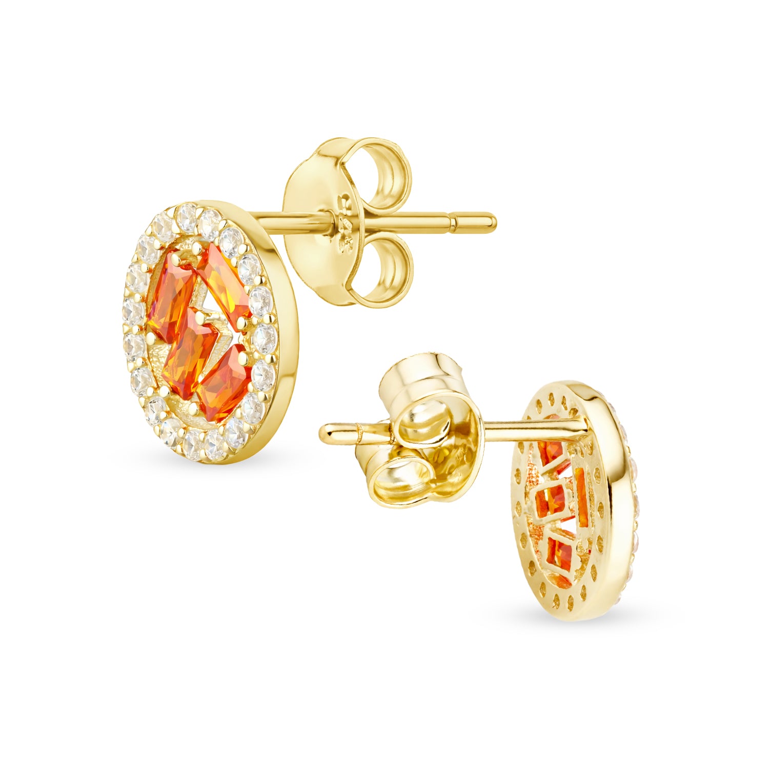 9ct Yellow Gold Orange CZ Circle Earrings Baguette Style for Women