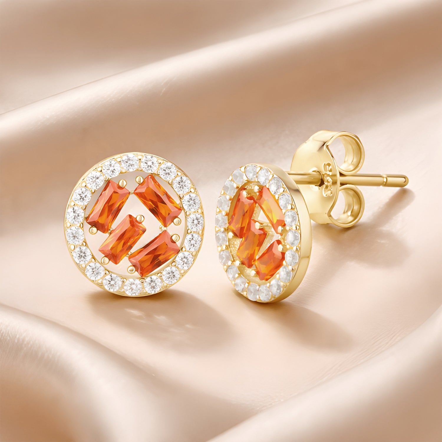 9ct Yellow Gold Orange CZ Circle Earrings Baguette Style for Women